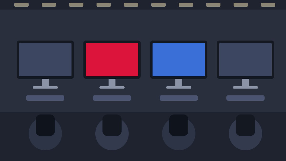 Illustration of rows of computer monitors in a dim café