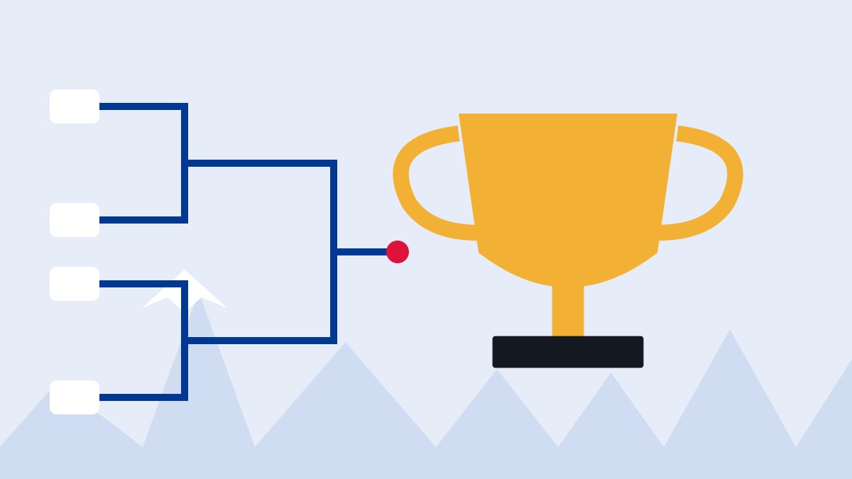 Illustration of a tournament bracket and trophy over mountains