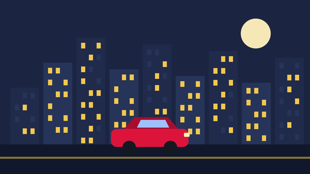 Illustration of a city skyline at night with a red car