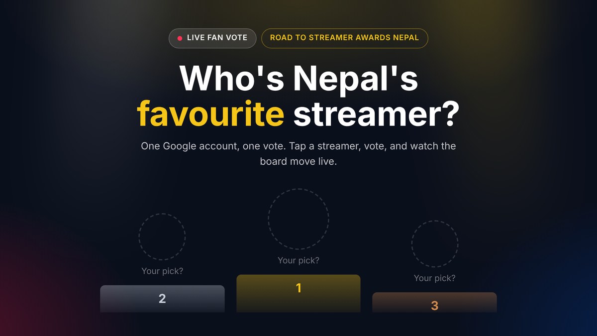 The NepaliStreamers fan vote page, with a gold, silver and bronze podium under stage lights