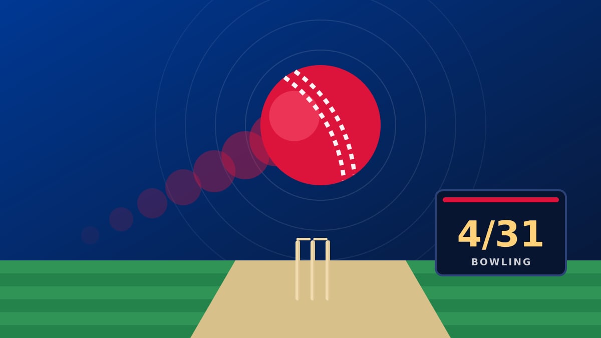 Illustration of a cricket ball and stumps, with a scoreboard reading 4/31