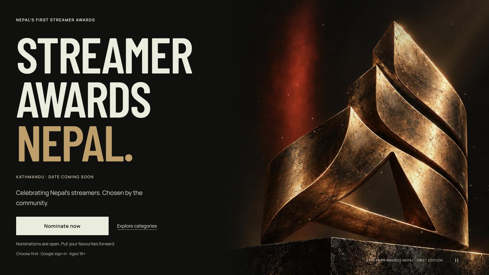 The Streamer Awards Nepal website: a gold trophy beside the words "Streamer Awards Nepal" and a Nominate now button