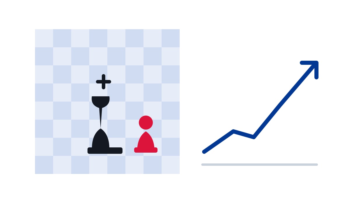 Illustration of chess pieces on a board with a rising line chart