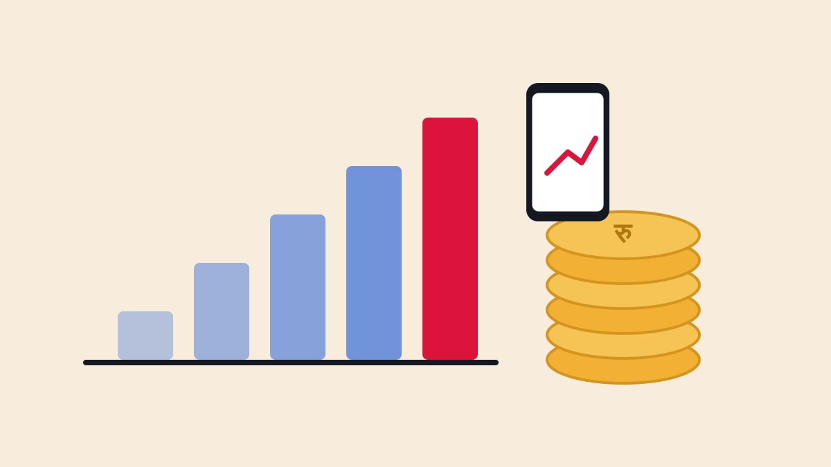 Illustration of a bar chart, a phone and a stack of coins