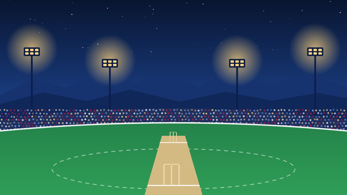 Illustration of a floodlit cricket ground at dusk